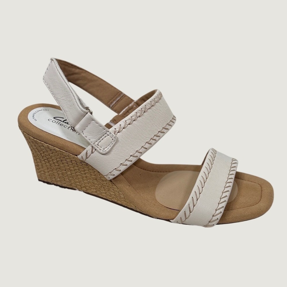 Clarks Collection Sandals Womens Cream Whipstitch Wedge Size 11 M